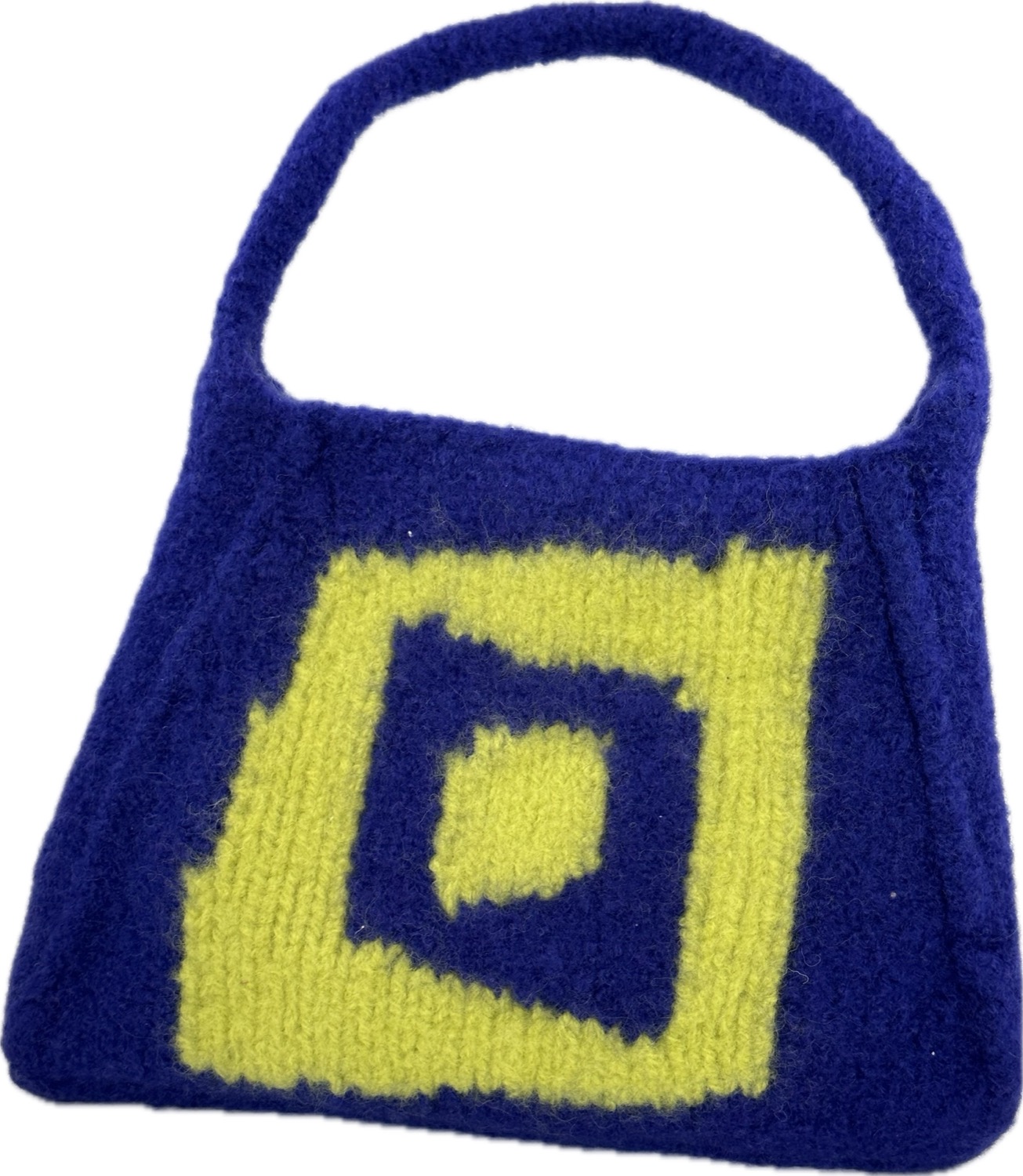 Royal blue purse with yellow square pattern